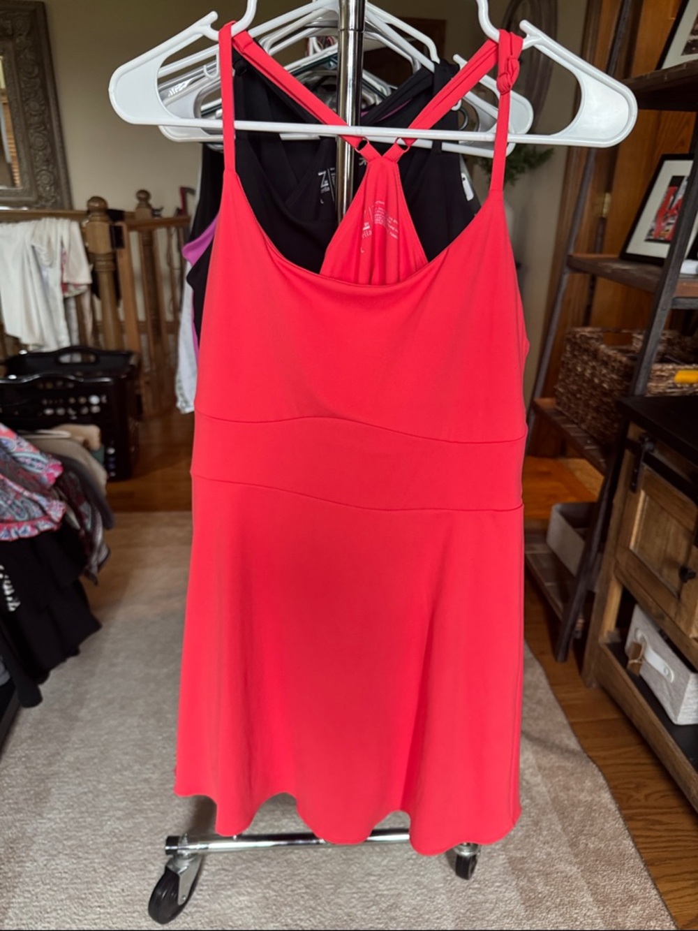 Zella athletic mini dress with built in shorts and one interior pocket.
